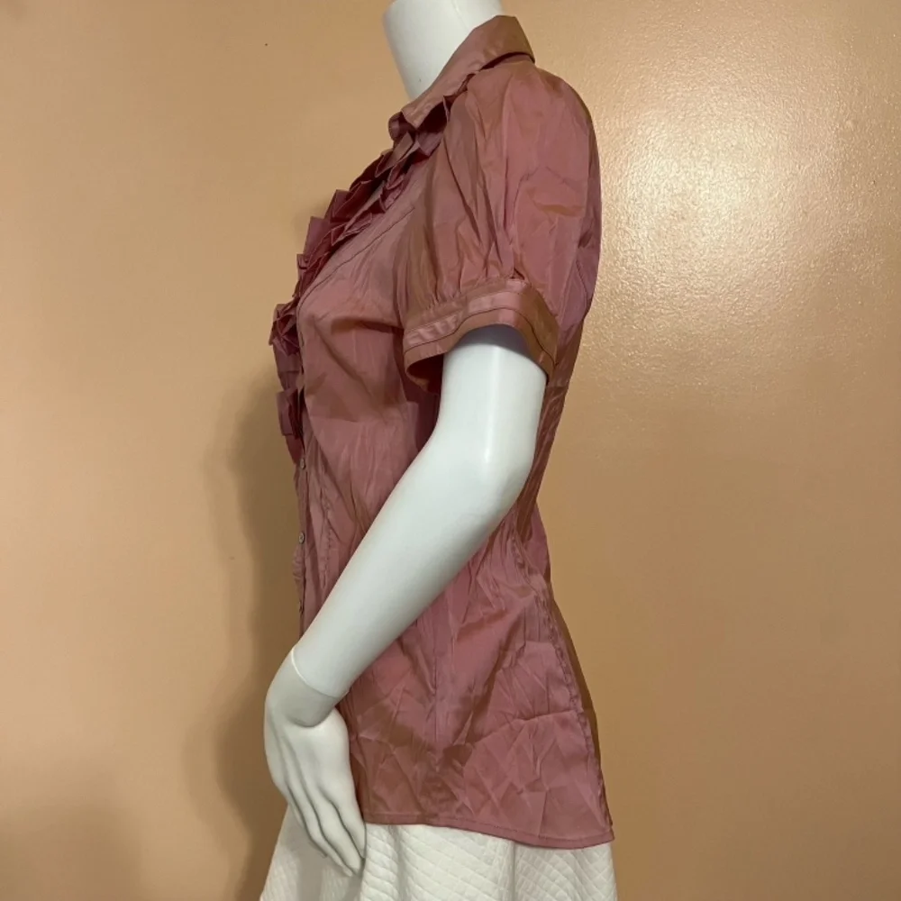 Express Metallic Rose Gold Ruffled V Neck Collar Button Down Blouse - Picture 5 of 7